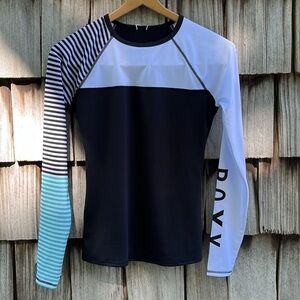 ROXY Athletic/Swim Top Rash Guard Teal and Black Size Small